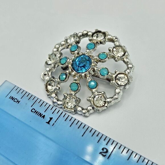 Ice Blue Brooch Vintage Round Jeweled Statement Open Circle  Estate Jewelry Pin - Picture 4 of 8